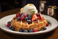 Belgian waffle with fresh berries and whipped cream on wooden table, A crisp, golden Belgian waffle topped with fresh berries and Royalty Free Stock Photo