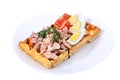 Belgian waffle with ham, boiled egg and tomato on white. Royalty Free Stock Photo