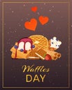 Belgian Waffle With Ice Cream And Berries, Waffle-cakes And Chocolate Delicious Cream Dessert Wafer Bakery Food Vector