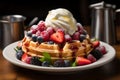 Belgian waffle perfection golden, topped with ice cream, fresh berries Royalty Free Stock Photo