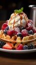 Belgian waffle perfection golden, topped with ice cream, fresh berries Royalty Free Stock Photo