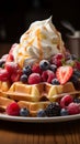 Belgian waffle perfection golden, topped with ice cream, fresh berries Royalty Free Stock Photo