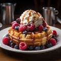 Belgian waffle perfection golden, topped with ice cream, fresh berries Royalty Free Stock Photo