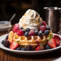 Belgian waffle perfection golden, topped with ice cream, fresh berries Royalty Free Stock Photo