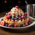 Belgian waffle perfection golden, topped with ice cream, fresh berries Royalty Free Stock Photo