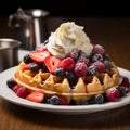 Belgian waffle perfection golden, topped with ice cream, fresh berries Royalty Free Stock Photo