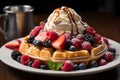 Belgian waffle perfection golden, topped with ice cream, fresh berries Royalty Free Stock Photo