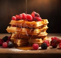 Belgian Waffles with Berries and Honey , Close Up. AI generated Illustration