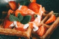 Belgian waffles with berries, ice cream and chocolate. Breakfast table setting. Morning lifestyle concept Royalty Free Stock Photo