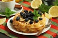 Belgian waffles with blueberry and a cup of tea with lemon Royalty Free Stock Photo