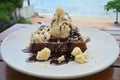 Belgian waffles Chocolate with Ice cream, Whip Cream and crumble