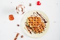 Belgian waffles and cocoa with marshmallows for breakfast. Top view Royalty Free Stock Photo