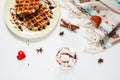 Belgian waffles and cocoa with marshmallows for breakfast. Top view. Royalty Free Stock Photo