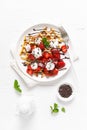 Belgian waffles with fresh strawberry, chocolate topping and whipped cream Royalty Free Stock Photo