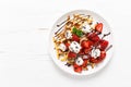 Belgian waffles with fresh strawberry, chocolate topping and whipped cream Royalty Free Stock Photo