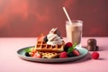 Belgian waffles with ice cream, berries, chocolate sauce and cocoa glass on trendy colorful background with copy space for text. Royalty Free Stock Photo