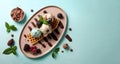 Belgian waffles with ice cream, chocolate and berry fruits on a trendy background. Traditional waffles sweet dessert. Menu concept Royalty Free Stock Photo