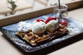 Belgian waffles with ice cream , chocolate, Royalty Free Stock Photo