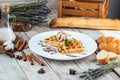 Belgian waffles with ice cream and chocolate syrup Royalty Free Stock Photo