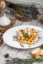 Belgian waffles ice cream and chocolate syrup Royalty Free Stock Photo