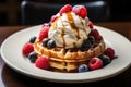 Belgian waffles with ice cream and fresh berries on a plate, A crisp, golden Belgian waffle topped with fresh berries and cream, Royalty Free Stock Photo