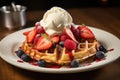 Belgian waffles with ice cream and fresh berries on white plate, A crisp, golden Belgian waffle topped with fresh berries and Royalty Free Stock Photo