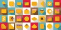 Belgian waffles icons set flat vector. Belgium appetizer cream