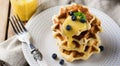 Belgian waffles with lemon Kurd and blueberries. Rustic style. Selective focus Royalty Free Stock Photo