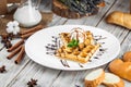 Belgian waffles with ice cream chocolate syrup Royalty Free Stock Photo