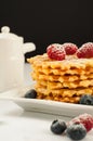 Belgian waffles with raspberries and sieving sugar powder and honey served with jug of milk on a white table