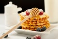 Belgian waffles with raspberries and sieving sugar powder and honey served with jug of milk on a white table Royalty Free Stock Photo