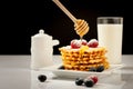 Belgian waffles with raspberries and sieving sugar powder and honey served with jug of milk on a white table