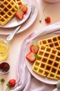 Belgian waffles with strawberries and honey on pink background. Healthy breakfast concept Royalty Free Stock Photo