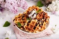 Belgian waffles with vanilla ice cream and chocolate topping Royalty Free Stock Photo