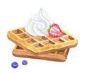 Belgian waffles with whipped cream and strawberry and blackberry. Hand drawn watercolor illustration. Isolated on white Royalty Free Stock Photo