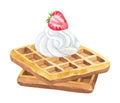 Belgian waffles with whipped cream and strawberry. Hand drawn watercolor illustration. Isolated on white background. Royalty Free Stock Photo