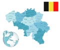 Belgium administrative blue-green map with country flag and location on a globe