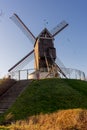 Belgium, Bruges, Bonne Chiere, a close up of a lush green field with path leading to windmill