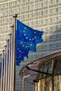 Belgium, Brussels, European flags in front of the Berlaymont, headquarters of the European Commission Royalty Free Stock Photo