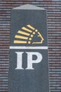 Belgium, Brussels, IP Belgium logo in front of the RTL House building