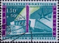 BELGIUM - CIRCA 1958: A postage stamp from Belgium for the world exhibition showing the pavilion of the Belgian Congo and Rwanda-U