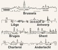 Belgium cities outline skylines vector set