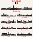 Belgium cities skylines silhouettes vector set