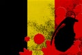 Belgium flag and MK2 frag grenade in red blood. Concept for terror attack or military operations with lethal outcome