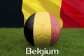 Belgium football team ball on big stadium background. Belgium Team competition concept. Belgium flag on ball team tournament in Ru Royalty Free Stock Photo