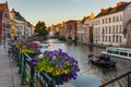 Belgium, Ghent, old town, historical houses at River Leie at dusk