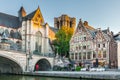 Belgium, Ghent, old town, historical houses at River Leie at dusk