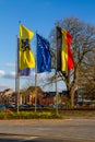 Belgium, Hasselt, Flemish, Belgian and European flag Royalty Free Stock Photo