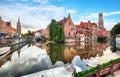 Belgium - Historical centre of  Bruges river view. Old Brugge buildings reflecting in water canal Royalty Free Stock Photo