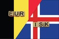 Belgium and Iceland currencies codes on national flags background